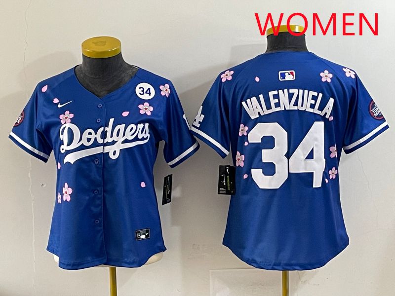 Women Los Angeles Dodgers 34 Valenzuela Blue Sakura Edition 2025 Nike MLB Jersey style 38